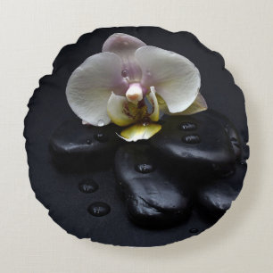 White Orchid On Black Stones Round Cushion