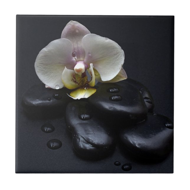 White Orchid On Black Stones Tile (Front)