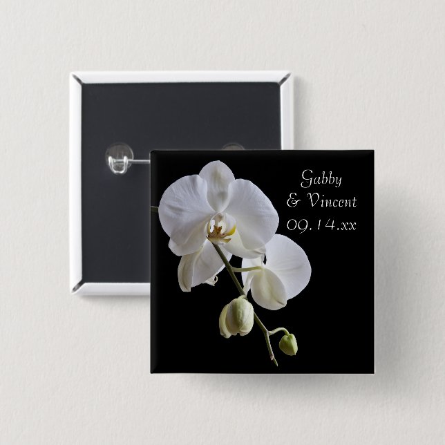 White Orchid on Black Wedding 15 Cm Square Badge (Front & Back)