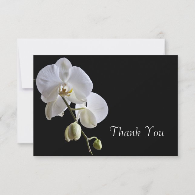 White Orchid on Black Wedding Flat Thank You Notes (Front)