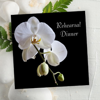White Orchid on Black Wedding Rehearsal Dinner Invitation