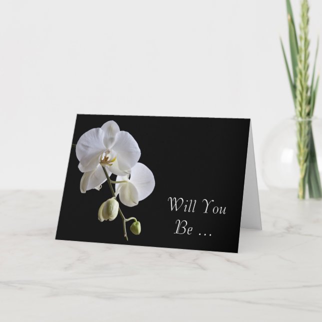 White Orchid on Black Will You Be My Bridesmaid Invitation (Front)