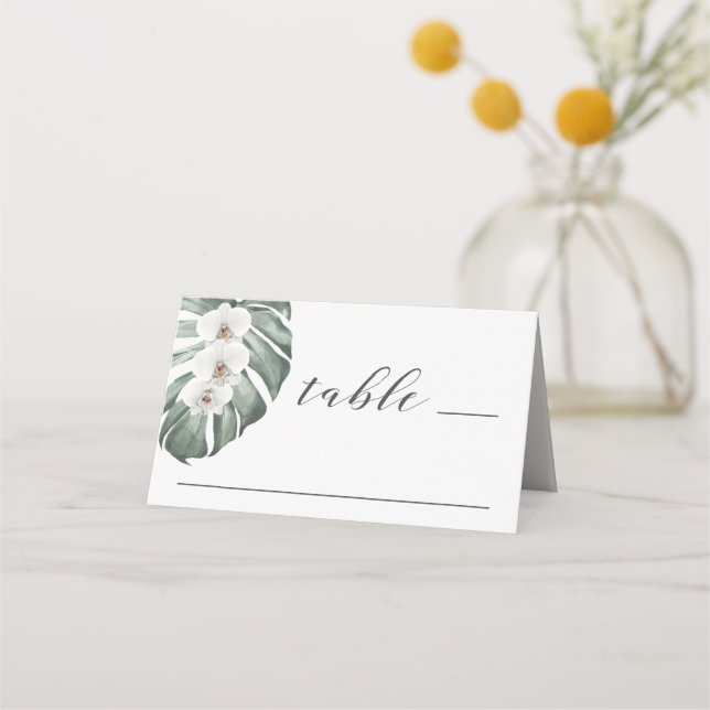 White Orchid on Monstera Tropical Wedding Place Card (Front)