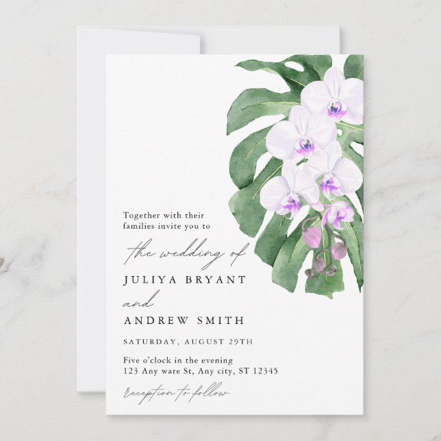 White Orchid on Tropical leaf script wedding Invitation (Front)