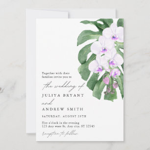 White Orchid on Tropical leaf script wedding Invitation