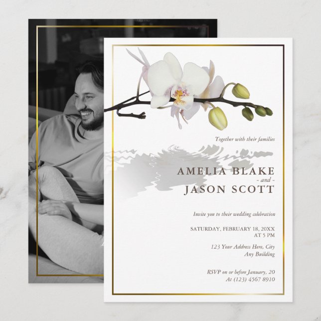White Orchid on White | Gold Frame | Photo Wedding Invitation (Front/Back)