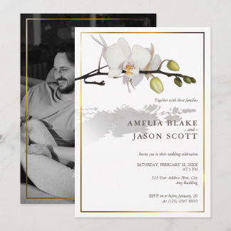 White Orchid on White | Gold Frame | Photo Wedding Invitation