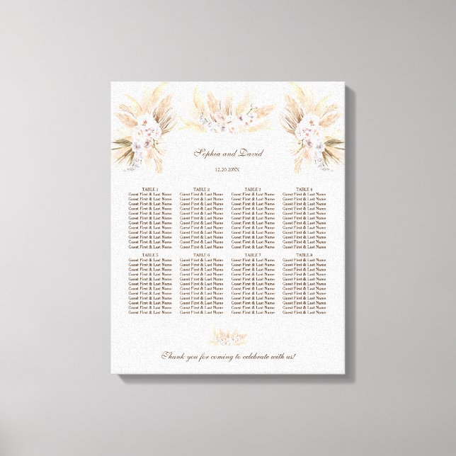White Orchid Pampas Grass Wedding Seating Chart Canvas Print (Front)