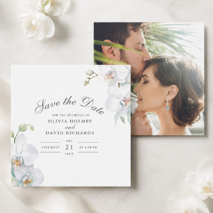 White Orchid Photo Wedding Save the Date Card