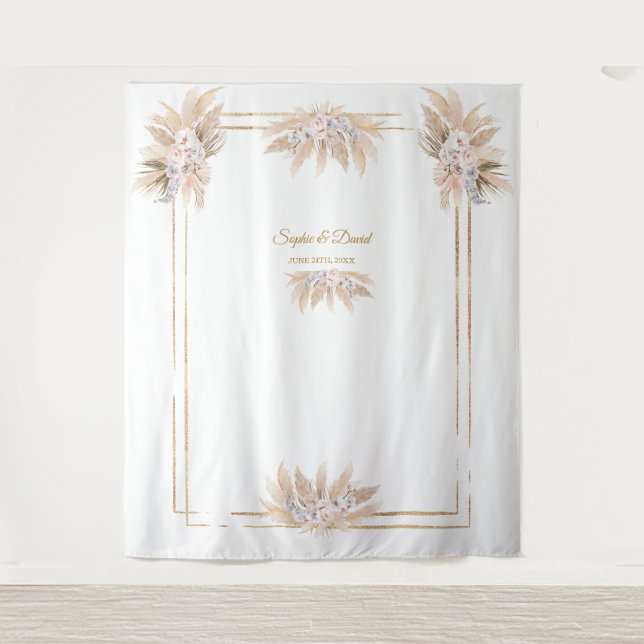 White Orchid Rose Pampas Grass Photo Booth Wedding Tapestry (Front)