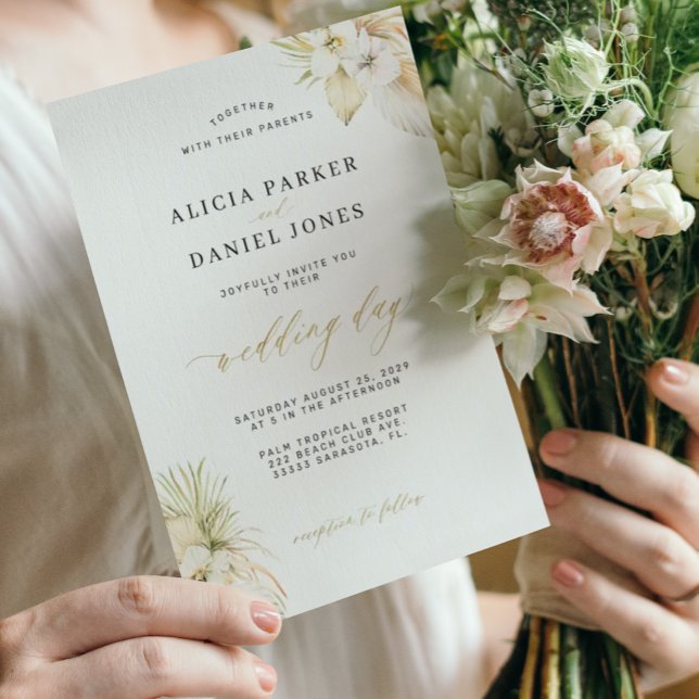 White orchid tropical pampas grass elegant wedding invitation (Creator Uploaded)