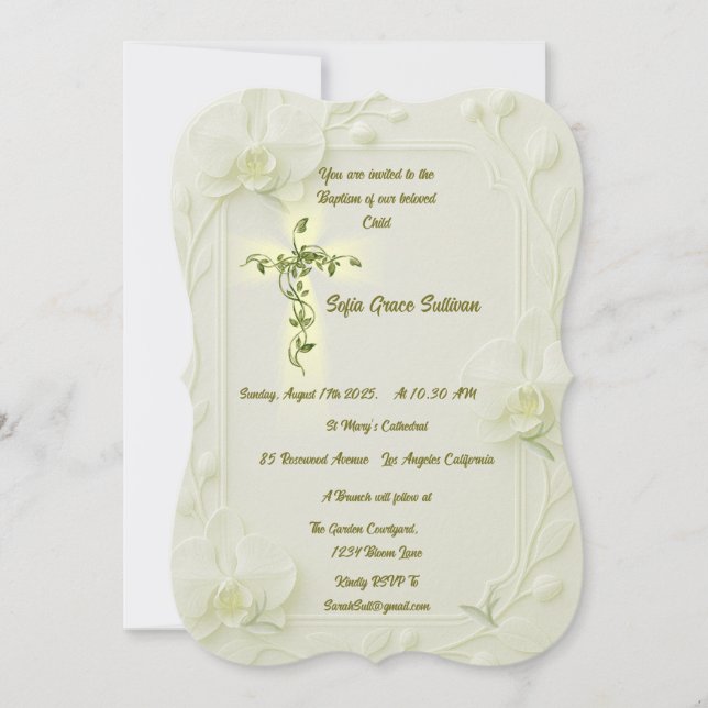 White Orchid & Vine Baptism  Invitation (Front)