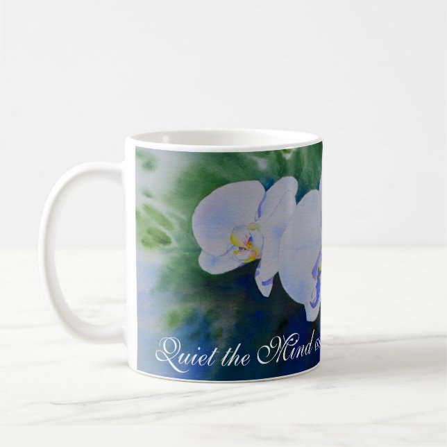 White orchid watercolor painting, greenery  coffee mug (Left)
