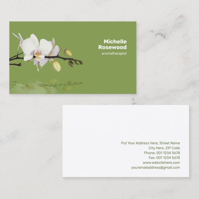 White Orchid with Reflection on Water Green Business Card (Front/Back)