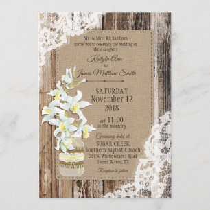 White Orchid Wood Lace Rustic Wedding Invitation