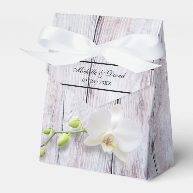 White Orchid Wooden Background Wedding Favour Box (Front Side)