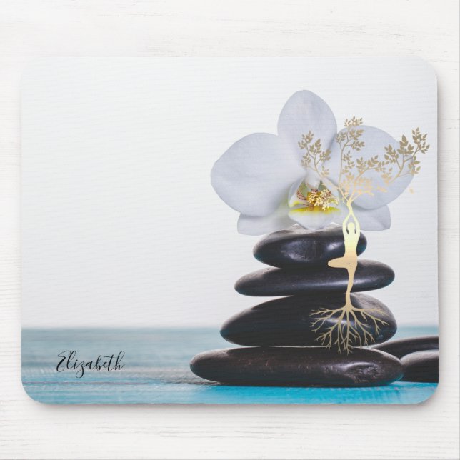 White Orchid,Zen Stones,Gold Tree Silhouette Mouse Mat (Front)