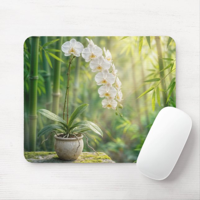 White Orchids and Bamboo Mouse Mat (With Mouse)