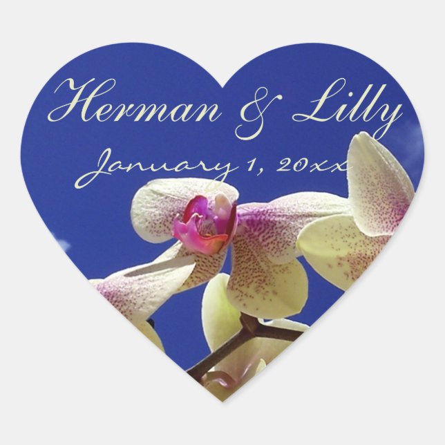 White Orchids and Blue Sky Personalised Wedding Heart Sticker (Front)