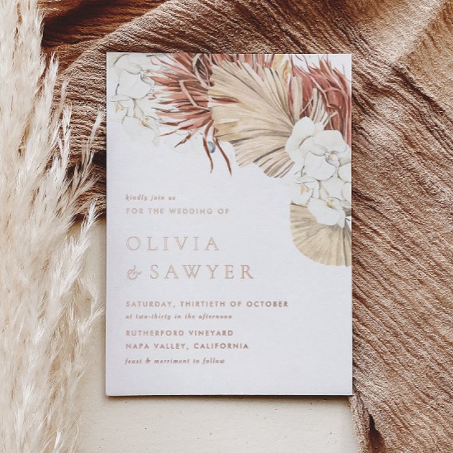 White Orchids and Dried Palm Leaves Boho Wedding (This rose gold foil wedding invitation is perfect for modern weddings with a natural or boho theme.)