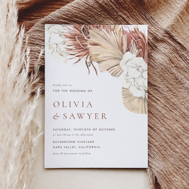 White Orchids and Dried Palm Leaves Boho Wedding Invitation (Boho wedding invitation featuring watercolor pampas grass, dried palm leaves, and white orchids.)