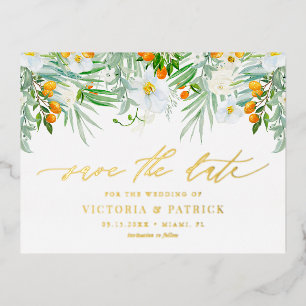 White Orchids and Kumquats Floral Save the Date Foil Invitation Postcard