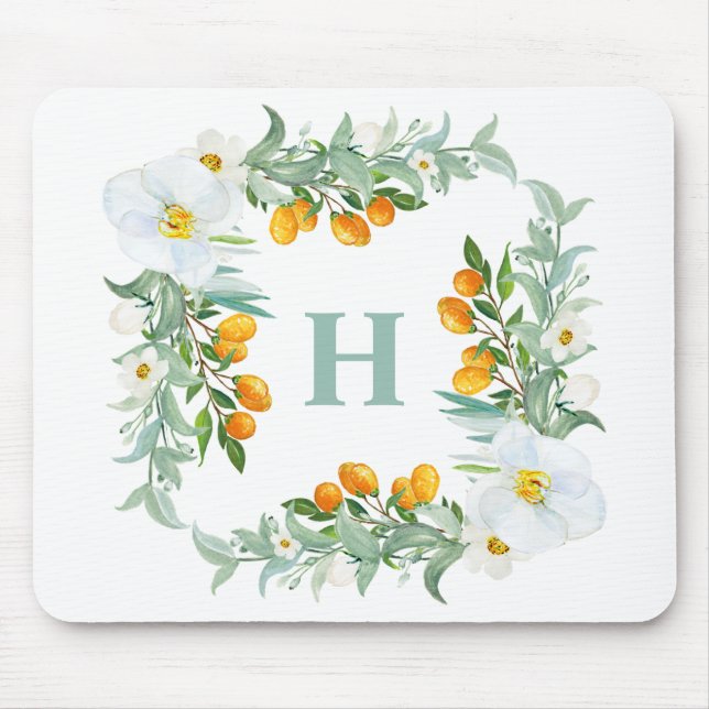 White Orchids and Kumquats Tropical Monogram Mouse Mat (Front)