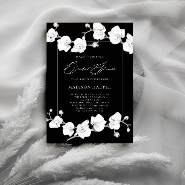 White Orchids Black Graphite Sketch Bridal Shower Invitation (orchids bridal shower invitation black white art floral sketch modern classic formal elegant chic)