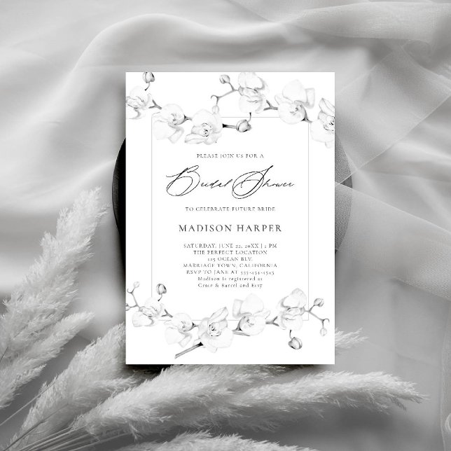 White Orchids Black White Art Modern Bridal Shower Invitation (orchids bridal shower invitation black and white art floral sketch modern classic formal romantic)