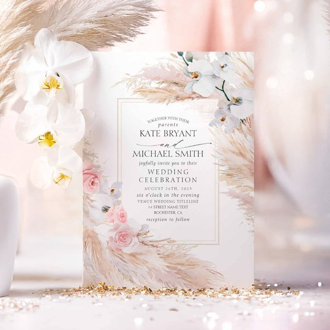 White Orchids Blush Roses and Pampas Grass Wedding Invitation (Pampas Grass Boho Wedding Invitations)