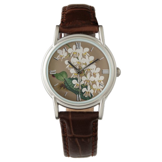 White Orchids Botanical Print, Tan Background Watch (Front)