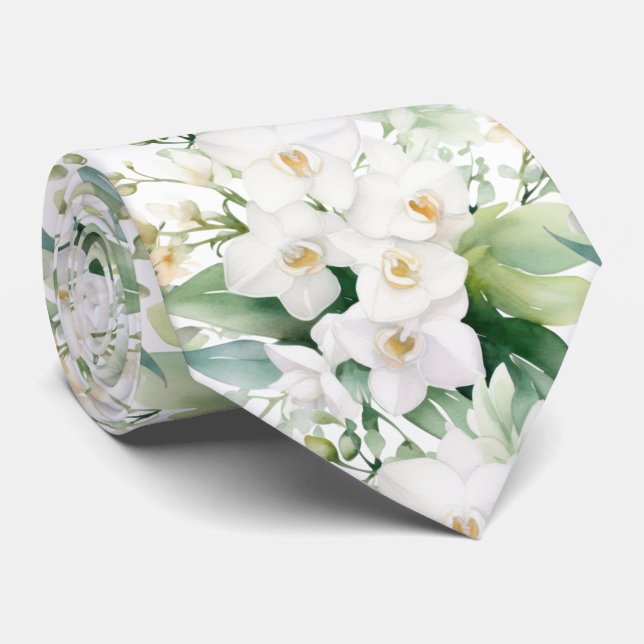 White Orchids Classic Formal Floral Neck Tie (Rolled)