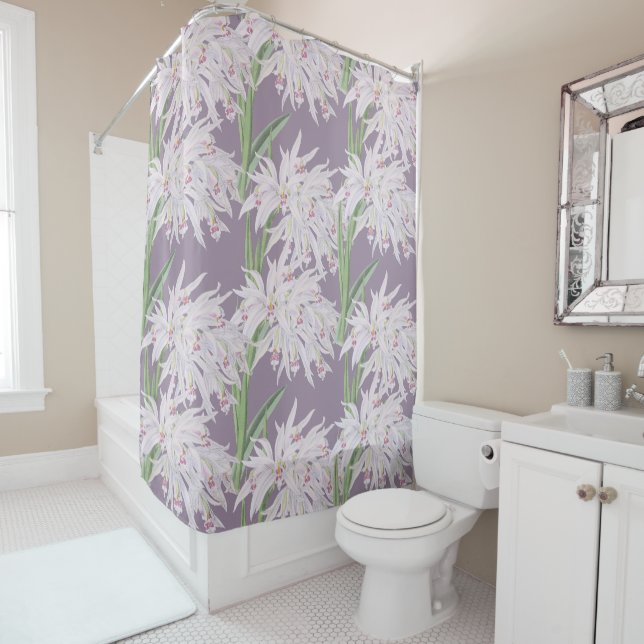 White Orchids Floral on Purple  Shower Curtain (In Situ)