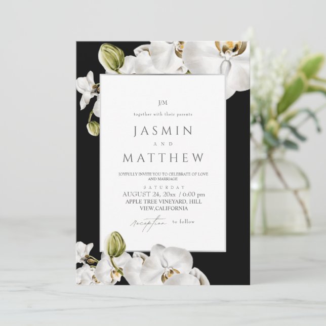 White Orchids Frame Elegant Wedding Invitation (Standing Front)