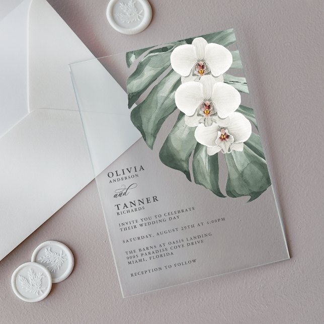 White Orchids Modern Tropical Wedding Acrylic Invitations (Creator Uploaded)