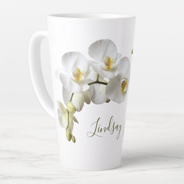 White Orchids Name Template Elegant Gift Latte Mug (Left Angle)