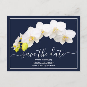 White Orchids Navy Background Save The Date Postcard