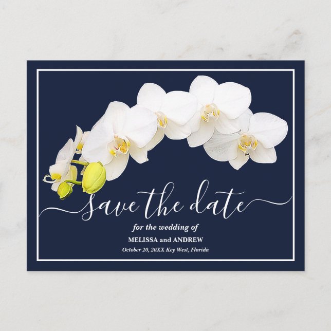 White Orchids Navy Background Save The Date Postcard (Front)