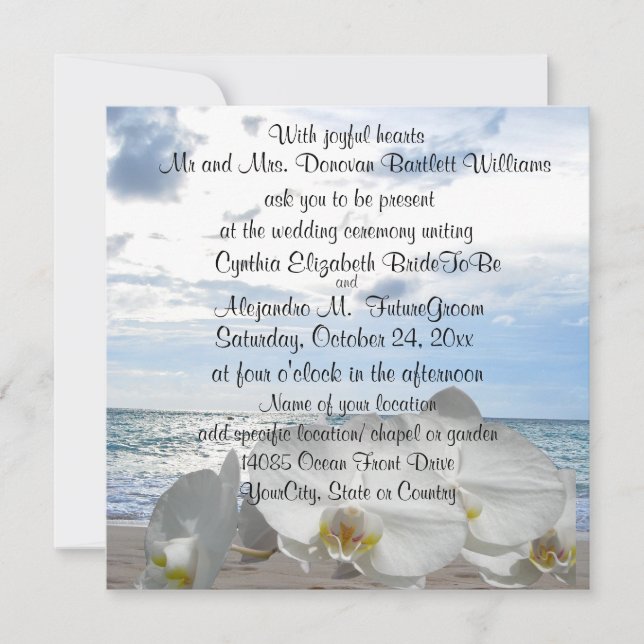 White Orchids Ocean Waves Wedding Invitation (Front)