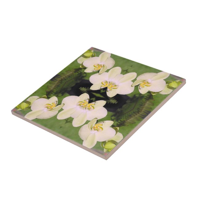 White Orchids on a green background Tile (Side)
