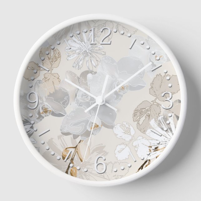 White orchids on a light cream   clock (Front)