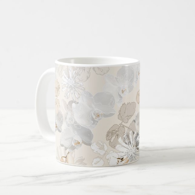 White orchids on a light cream   coffee mug (Front Left)