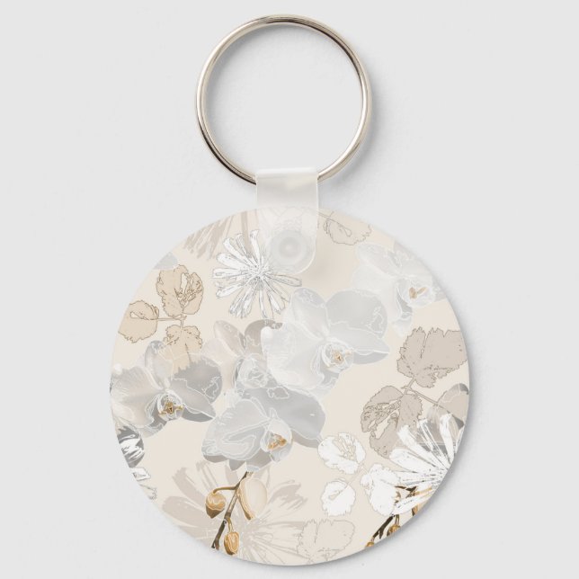 White orchids on a light cream   key ring (Front)