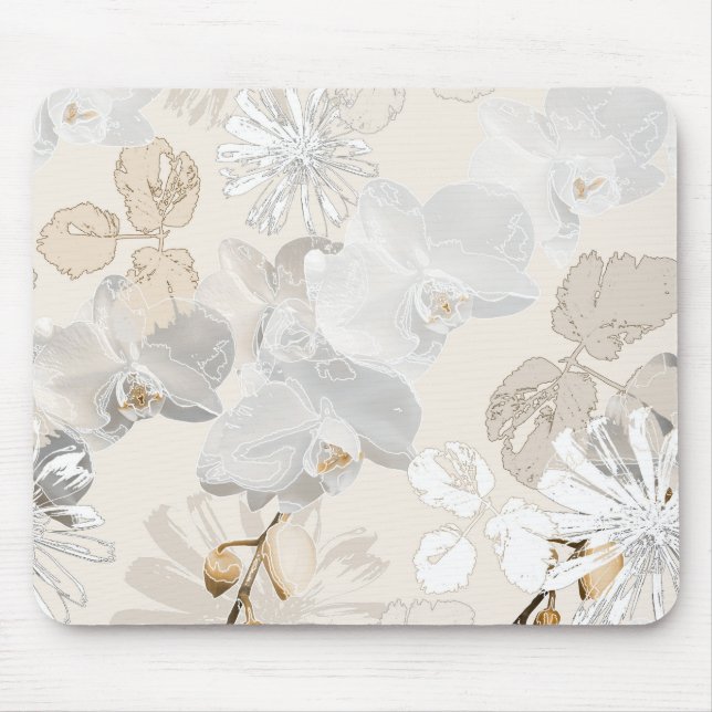 White orchids on a light cream  mouse mat (Front)