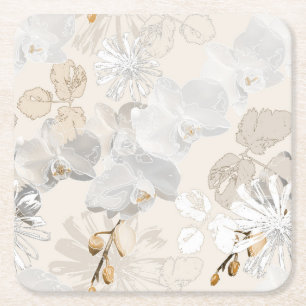White orchids on a light cream square paper coaster