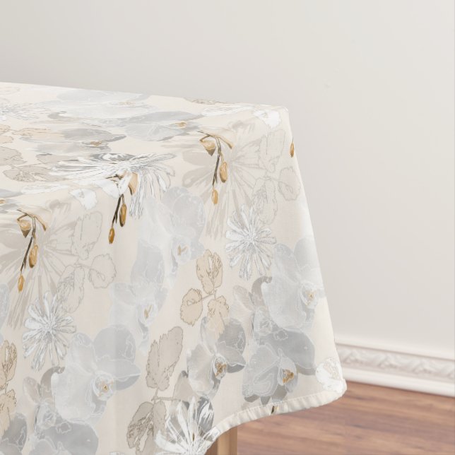 White orchids on a light cream tablecloth (In Situ)