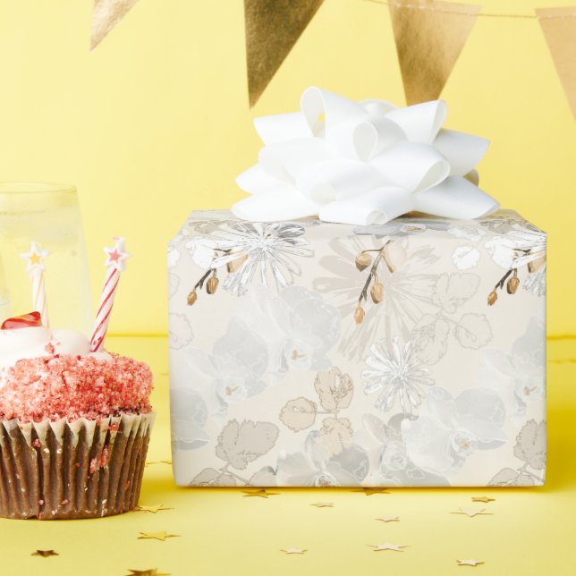 White orchids on a light cream  wrapping paper (Birthday Party)