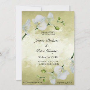 White orchids on golden background wedding invitation