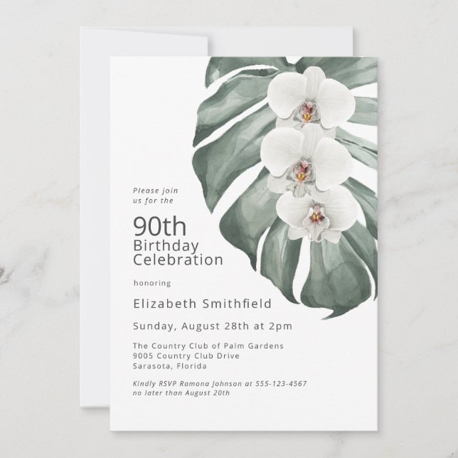 White Orchids on Monstera Tropical 90th Birthday Invitation (Front)