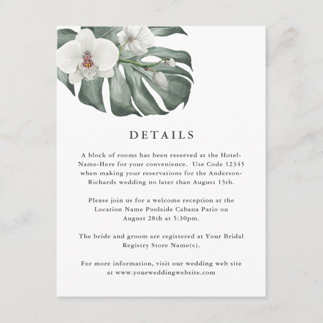 White Orchids on Monstera Tropical Wedding Details Enclosure Card (Front)
